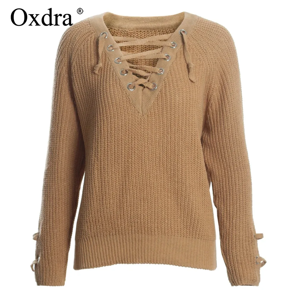 Oxdra 2018 осень-зима Свободные Твердые вязать свитера с v-образным вырезом на