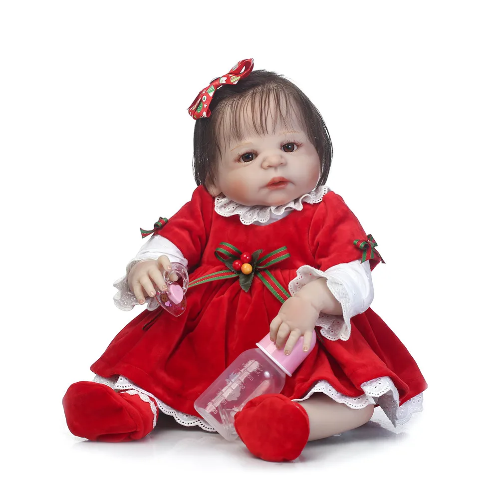 

23 inch full silicone vinyl reborn baby doll lovely girl bebe reborn bonecas in red xmas dress children gift toys