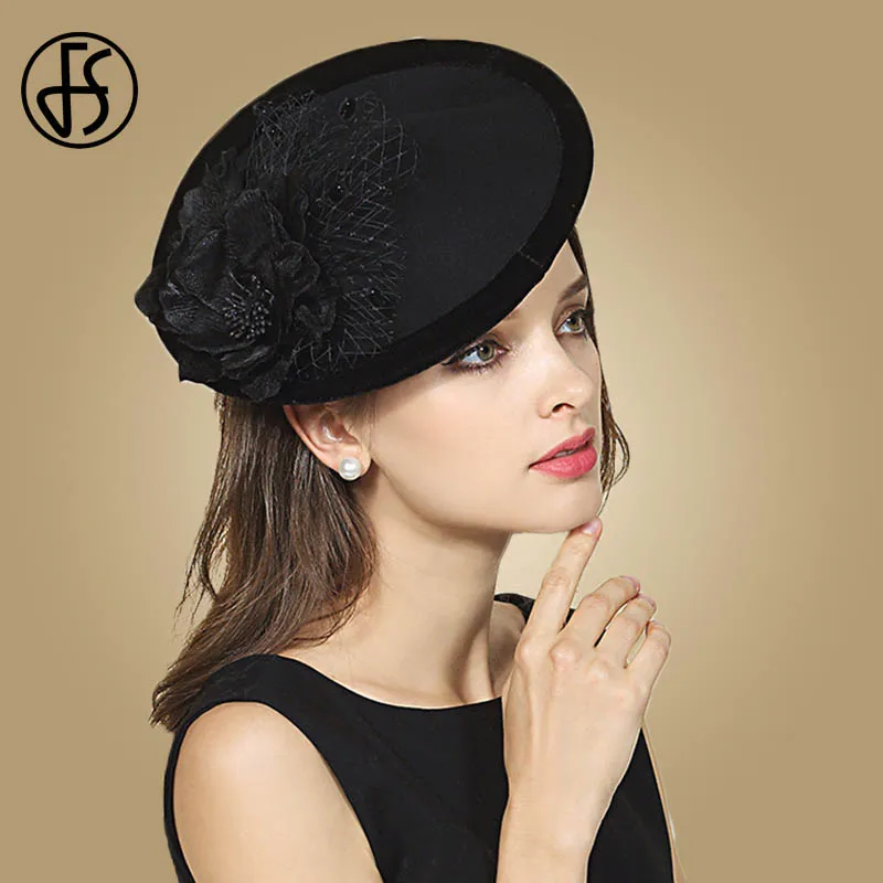 Black Fascinators FS Винтаж верблюжья шерсть церковные вуалетки Свадебные шляпы для женщин Элегантная вуаль с цветочным принтом леди Федора Кентукки Дерби вечерние фетровые шляпы - Цвет: Black Fascinators