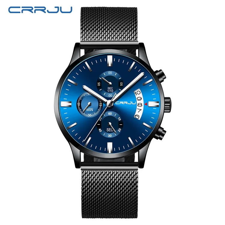 Relogio masculino CRRJU мужские синие часы Топ бренд стильные модные наручные часы для мужчин полный стальной сетчатый ремень повседневные кварцевые часы - Цвет: black silver