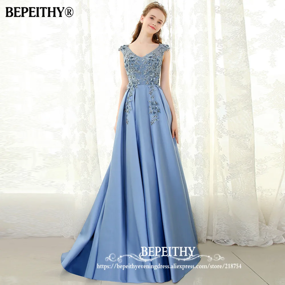 BEPEITHY Голубое Кружевное длинное вечернее платье с v образным вырезом Vestido De Festa 2021