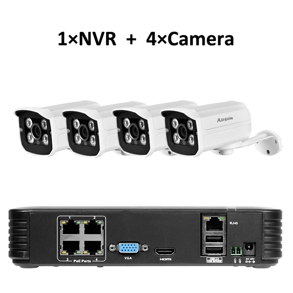 NVR and 4Camera AZISHN Full HD 1080P 4-канальная система видеонаблюдения 4 шт. 2MP металлическая уличная ip-камера 4CH 1080P POE 48 В NVR CCTV Комплект HDMI P2P электронная сигнализация - Цвет: NVR and 4Camera