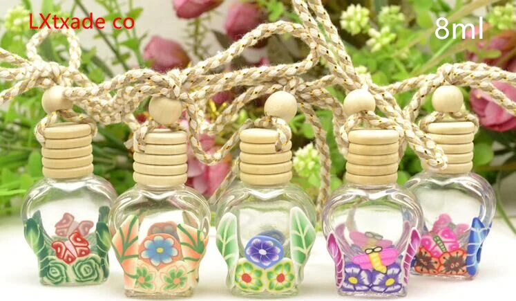 

free Shipping 8ml flower colorin Glass Perfume Essential oil Empty Bottles Apples Rounded Glass Jar Car perfume Bottles pendant