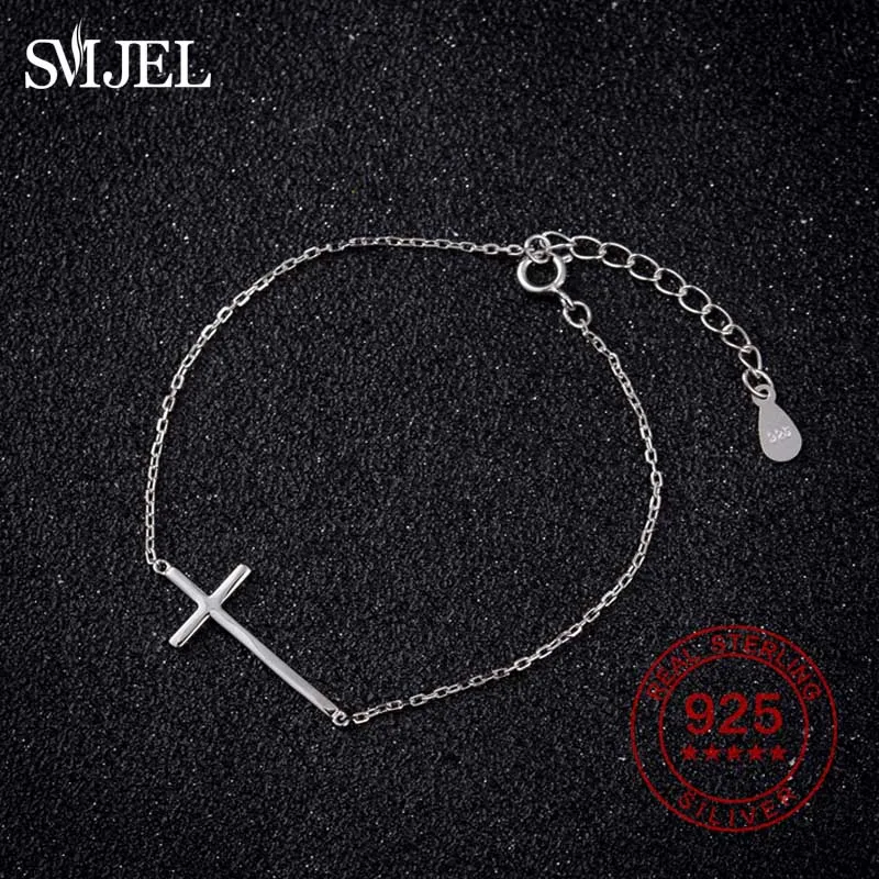 SMJEL Иисуса Христианские Женщины Мужчины крест с горизонтальной перекладиной браслеты 925 стерлингового серебра ювелирные изделия браслет подружки невесты подарок