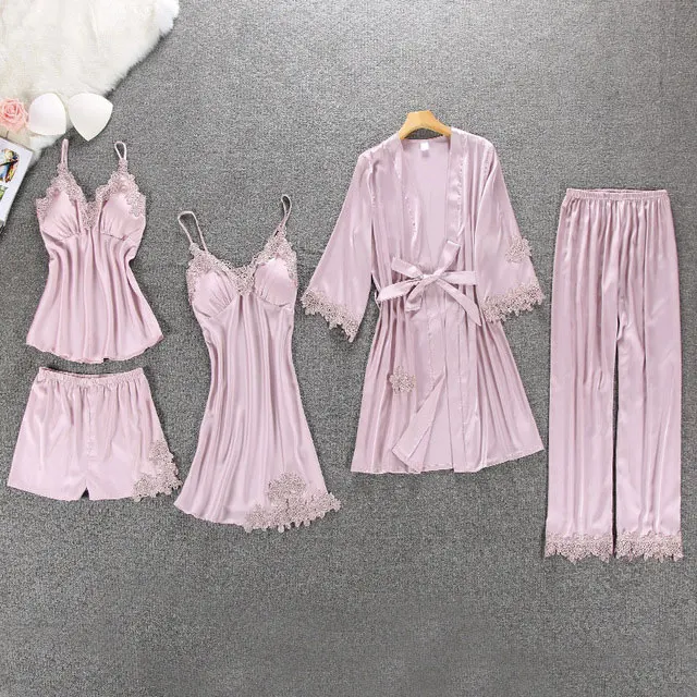 pink BZEL, 5 шт., одежда для сна, сексуальный кружевной пижамный комплект, атласная пижама, женская пижама большого размера, Женская Повседневная Домашняя одежда, пижама, M-XL, подарок - Цвет: pink