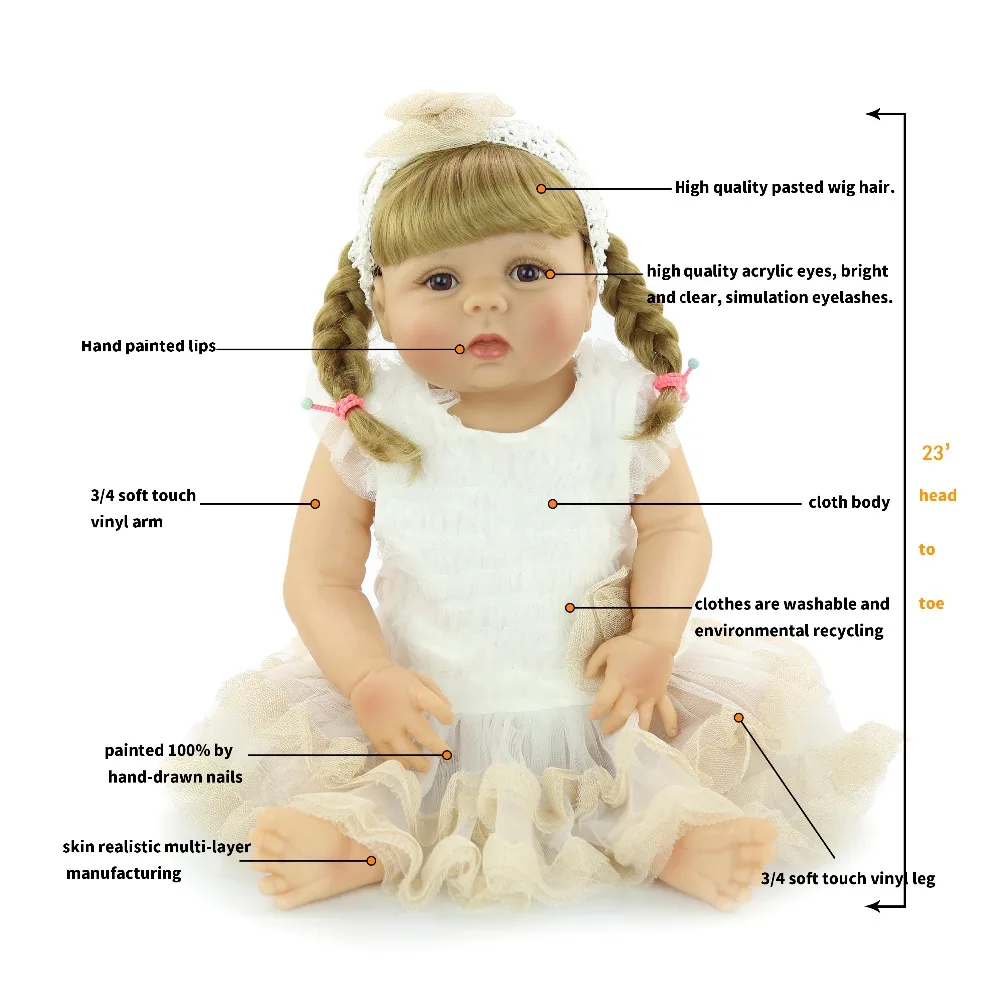 Дизайн 23 дюймов силиконовые всего тела Reborn Baby Doll модные реалистичные принцессы для девочек Кукла Детская подарок на день рождения Сделай Сам DIY бигуди для волос
