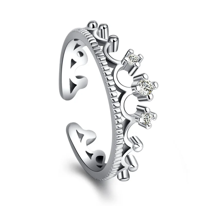 

100% 925 sterling silver romantic shiny crystal crown ladies wedding rings jewelry no fade women female open finger ring gift