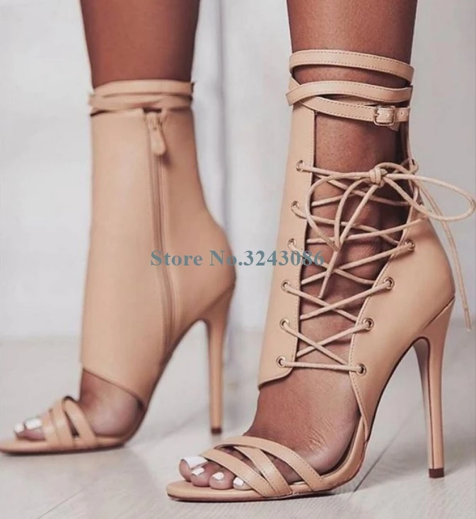 

Apricot Leather Side Cross Tie Thin High Heel Sandals Casual Gladiator Ankle Strap Stiletto Heel Sandals New Women Sandal Boots