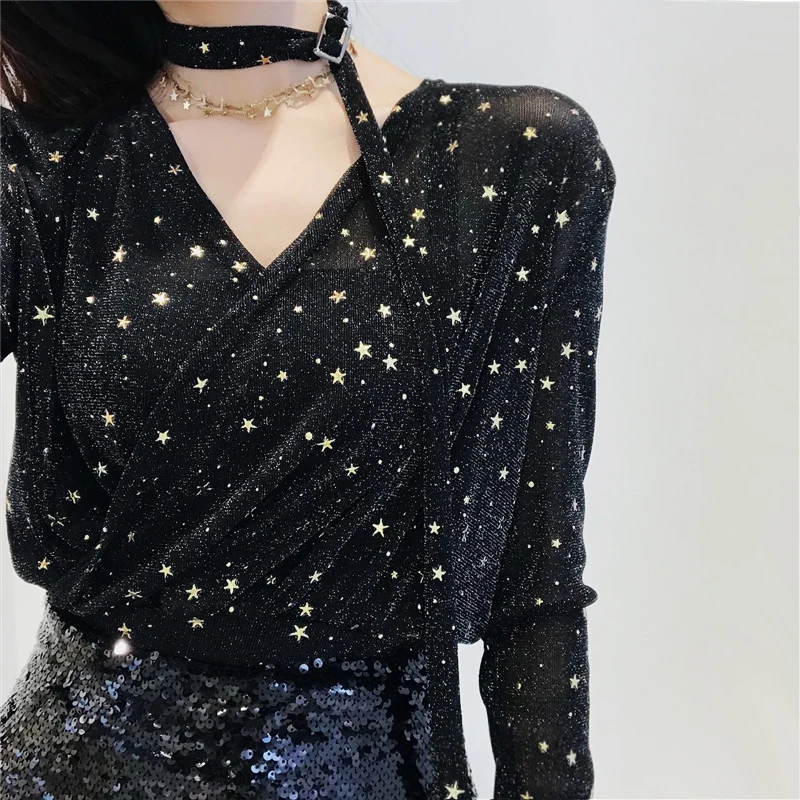 Sexy Top Black Slim Wrap T-shirts Women Sparkling stars Surplice Summer Tops 2018 Spring Long Sleeve Casual T-shirt Clothes | Женская