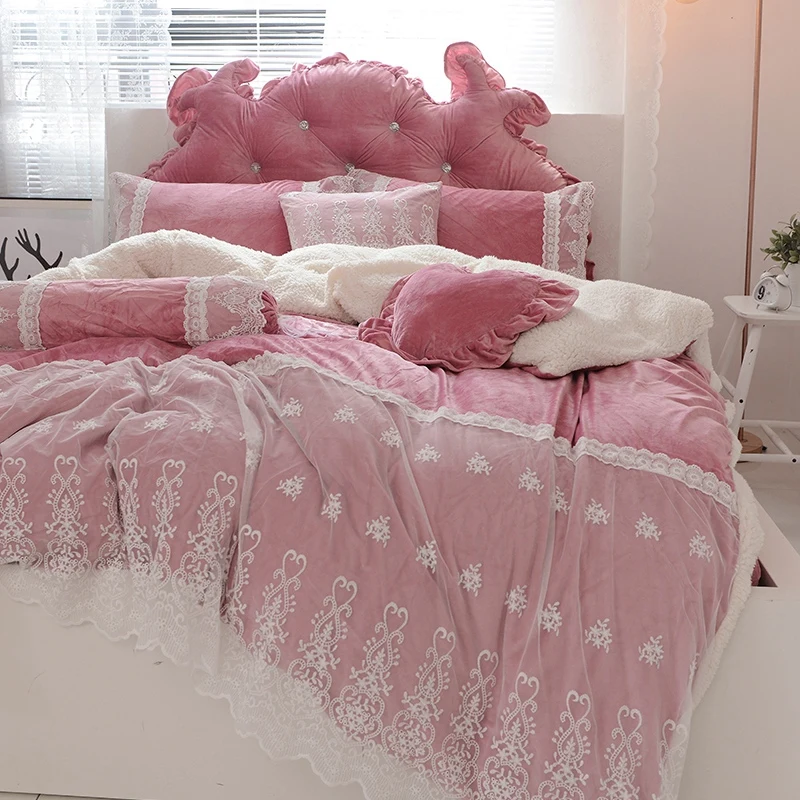 Blue Pink Purple Soft Berber Fleece Princess Girl White Lace Bedding Set Fleece Fabric Duvet Cover Bed sheet/Linen Pillowcases