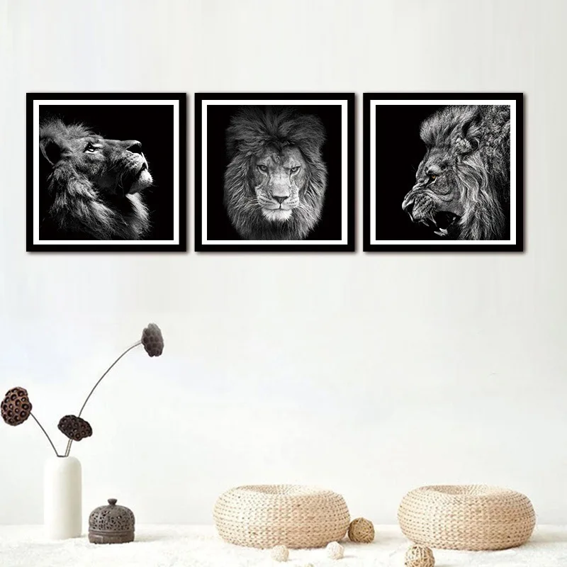 Черный и белый лев изображение домашний Декор стены искусства Скандинавская