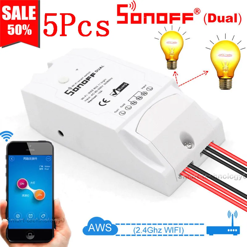 5 шт. SONOFF двойной беспроводной переключатель WIFI релейный модуль 10A 220 В DIY