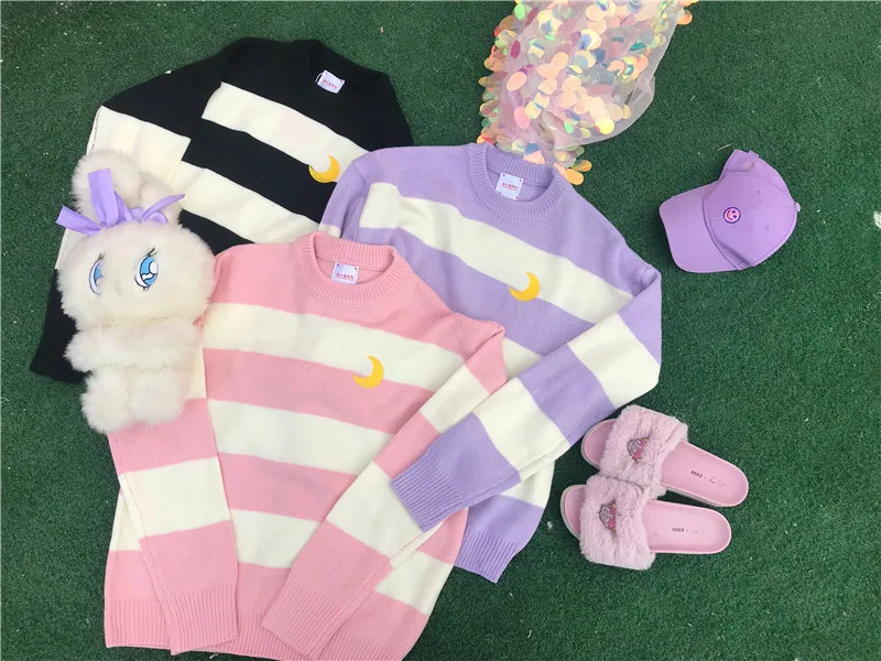 Harajuku модные женские туфли свитер сладкий Карамельный цвет полосатый вязаный свитер Симпатичные Луна вышивка хлопок Для женщин пуловер свитер