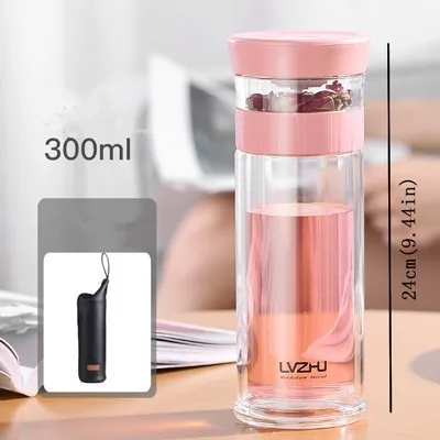 Pink300ml 400 мл портативная двойная стена боросиликаное стекло бутылка с сеточкой для заваривания чая воды с крышкой фильтр Автомобильная чашка креативный подарок стакан - Цвет: Pink300ml