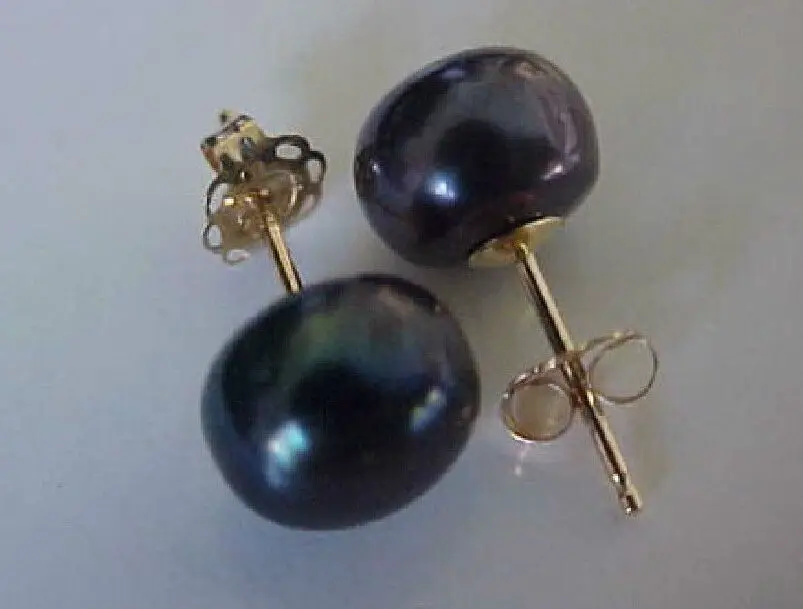 Free Shipping &gt&gt&gt&gt stunning A pair of natural 11-12mm tahitian black pearl earring 14K yellow Gold | Украшения и