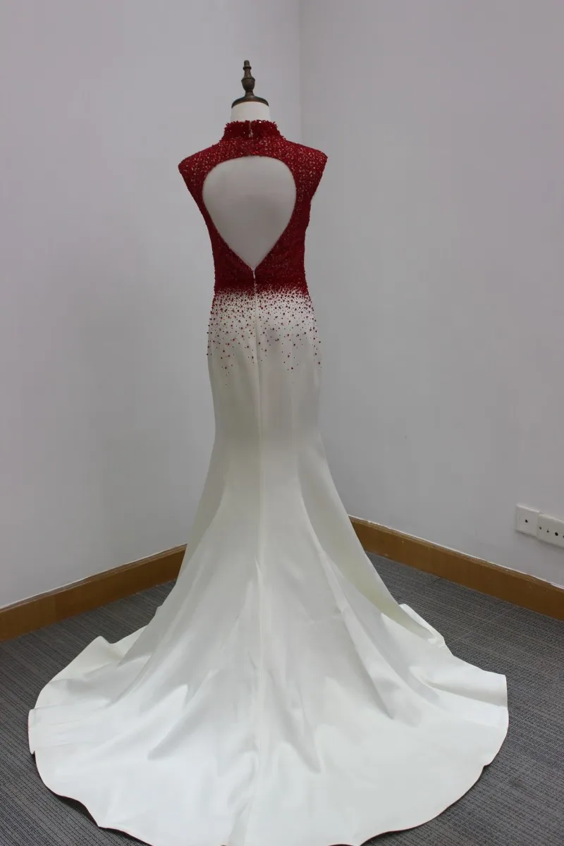 

New Design Ruffle Mermaid Vestido De Festa High Neck Backless Beading Evening Dress Sleeveless Zipper Back Lace Party Vestidos