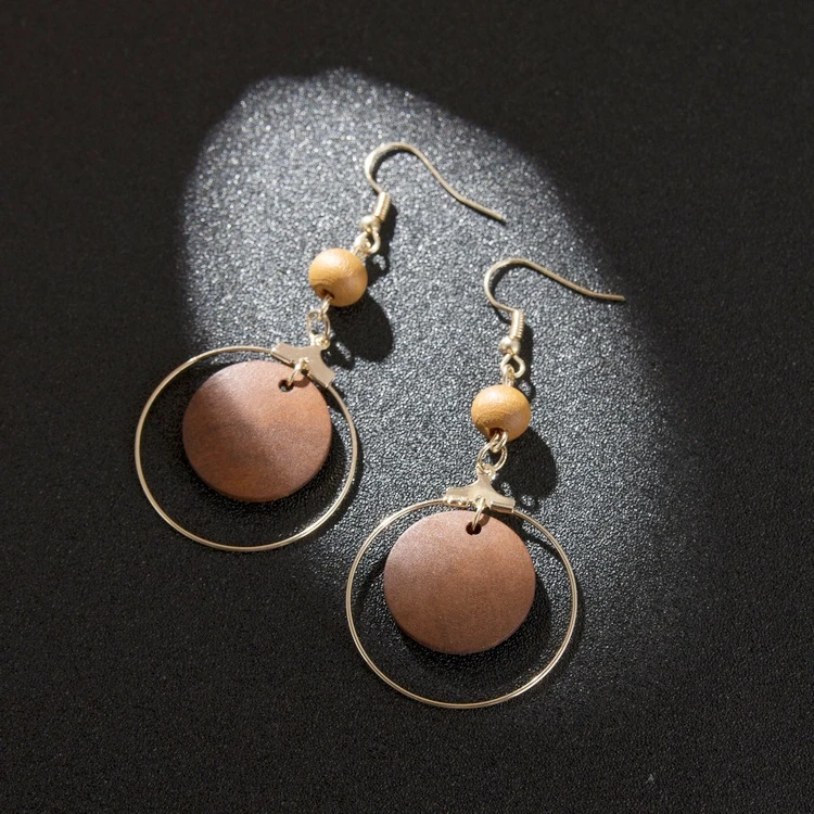 Корейские массивные висячие серьги круглые деревянные для женщин модные