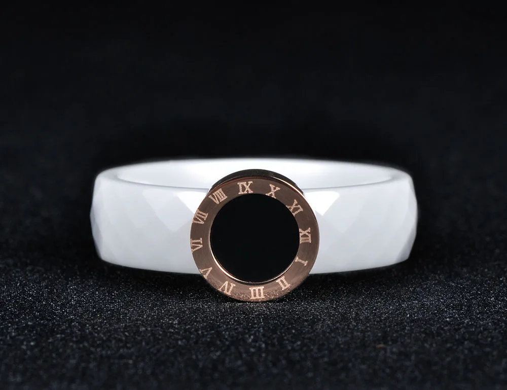 JeeMango Roman Numerals Ring Jewelry For Women Rose Gold Color Ceramic Titanium Steel Wedding Rings Anneaux R17159 | Украшения и