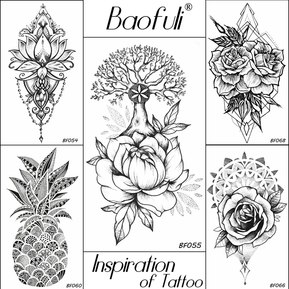 Черные временные тату наклейки BAOFULI для женщин хна цветок дерево багажник