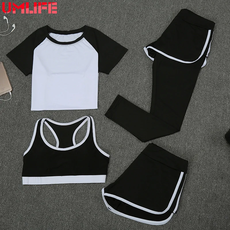 Umlife 4 шт. Для женщин Фитнес Йога бюстгальтер футболка и Брюки для девочек спортивный костюм Лоскутная