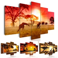 modular pictures canvas 5 panel painting elephant giraffe sunset scenery poster print wall art living room home decor framework