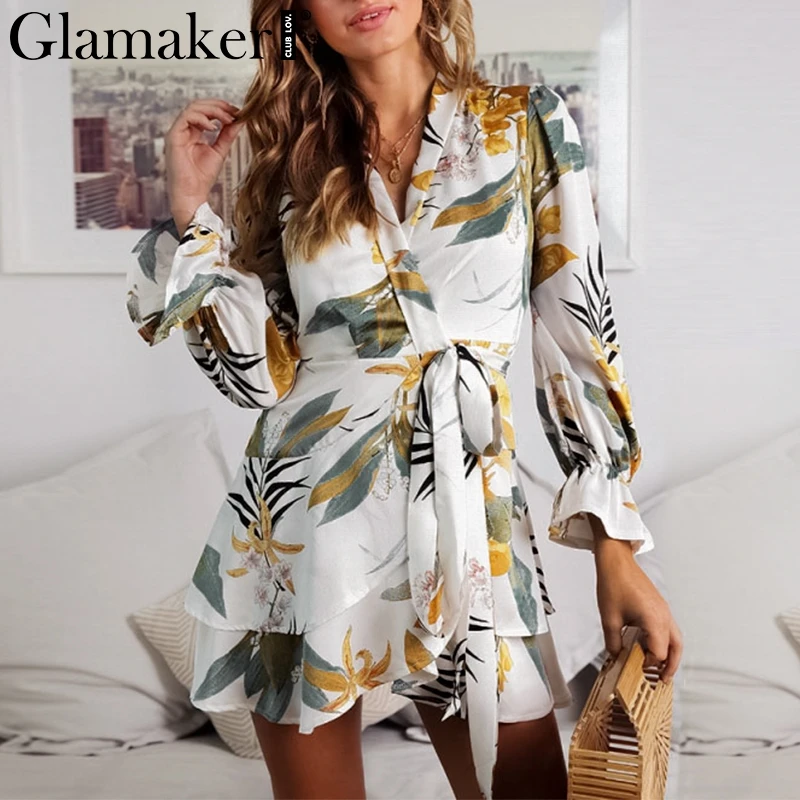 Женское платье с цветочным принтом Glamaker летнее пляжное из шифона рюшами и