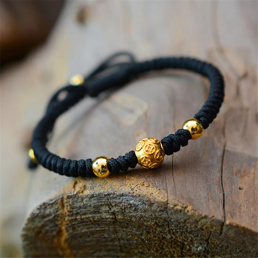Gold Coin Black-Men Fine 99 Серебро Золото монета шесть слов браслет с подвесками ручная работа красная веревка на удачу черная цепочка мужские или женские браслеты оптом - Цвет камня: Gold Coin Black-Men