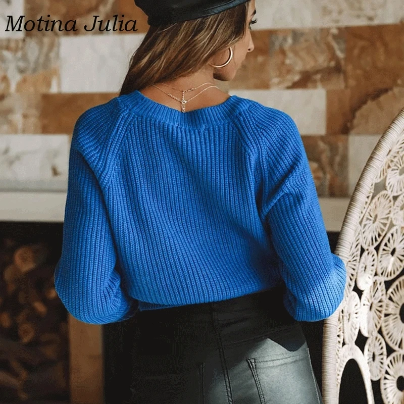 Motina Julia 2019 удобный вязаный свитер синий Повседневный укороченный джемпер Топы