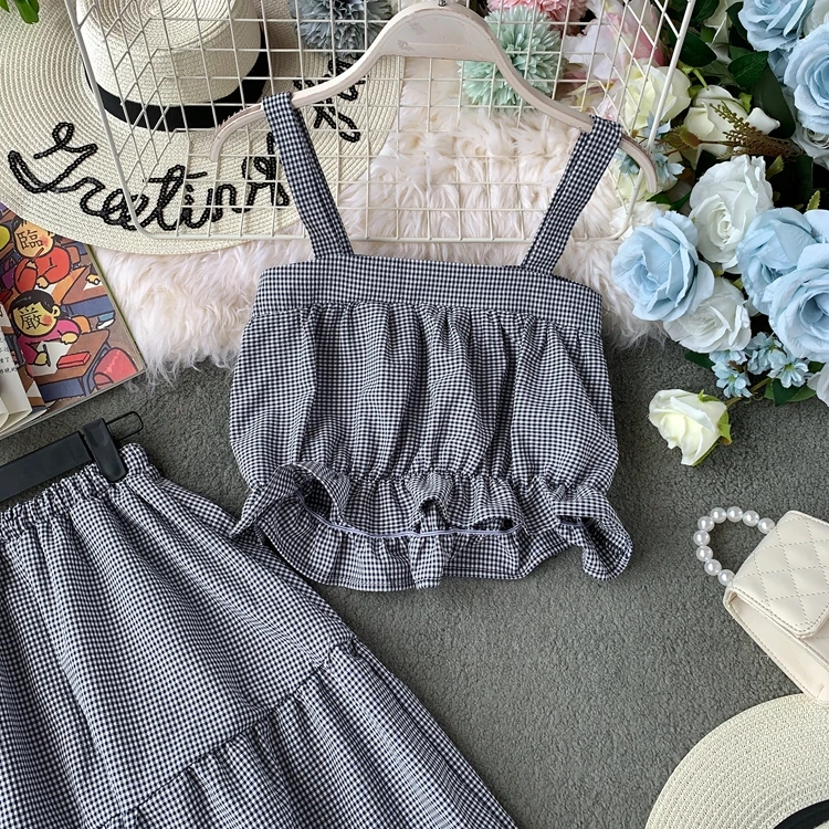 ALPHALMODA/ летний укороченный топ+ юбка трапециевидной формы, женский милый комплект из 2 предметов, куртка и юбка в клетку с высокой талией
