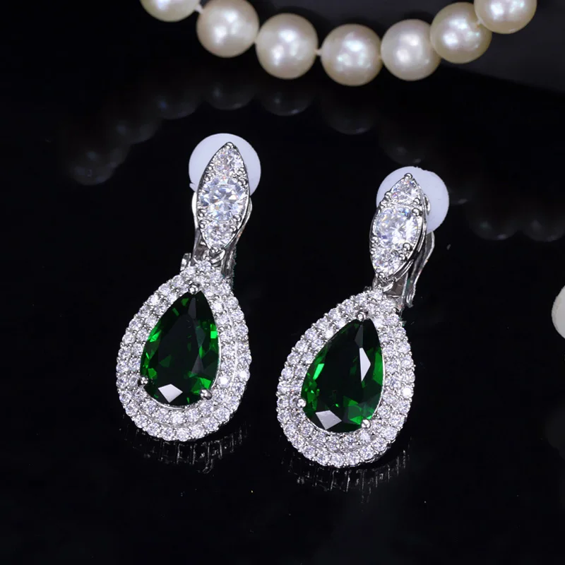 green CWWZircons, модные женские серьги из белого золота, висячие серьги с фианитами, королевский синий кристалл, не проложенные, Ушная клипса, серьги, ювелирные изделия, CZ164 - Окраска металла: green