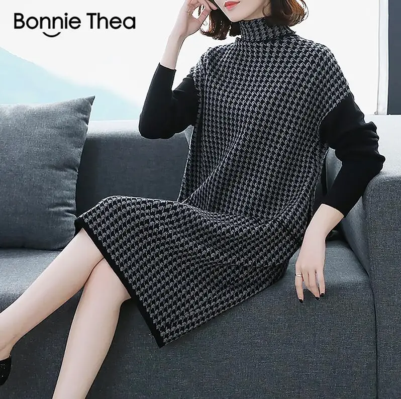 Темно-серый Bonnie Thea, женское клетчатое плотное эластичное зимнее платье, женское осеннее элегантное вязаное платье, vestidos, винтажное женское платье средней длины - Цвет: Темно-серый