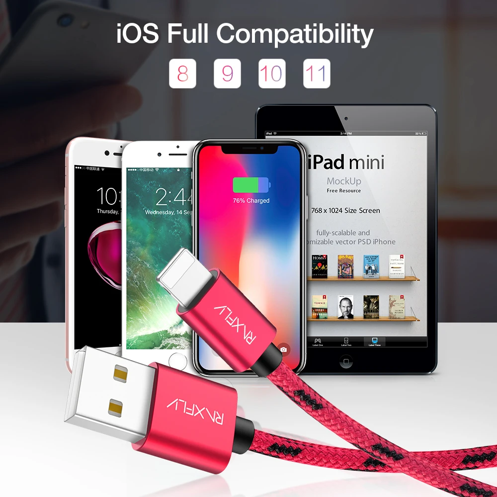 USB raxfly кабель для iPhone XS MAX XR Кабель зарядного устройства освещение USB кабель для iPhone X 7 6 6S XS 8 Plus Синхронизация данных зарядный провод