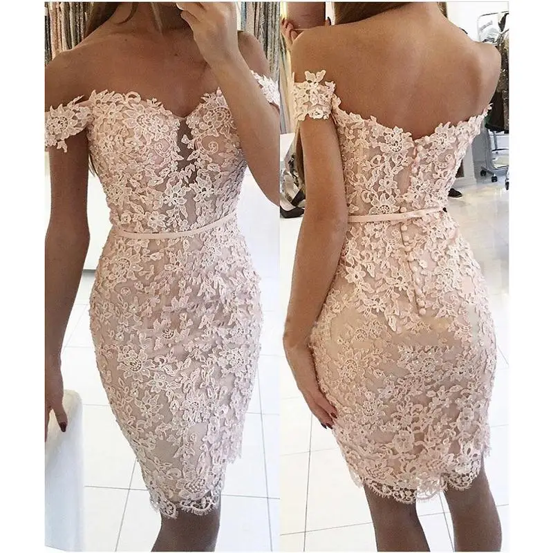 

TaoHill Short Sheath Ivory Cocktail Dresses 2019 for Women Wear Off Shoulder Knee Length Pleated Elegant Lace Party Prom Gowns