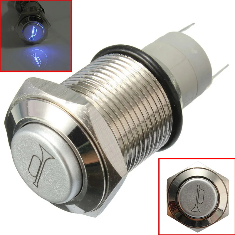 

Newest16MMStainless Steel Metal Button Switch illuminated Ring Blue LED 12 Momentary Push Not Fixed Flat Head MAX 10A