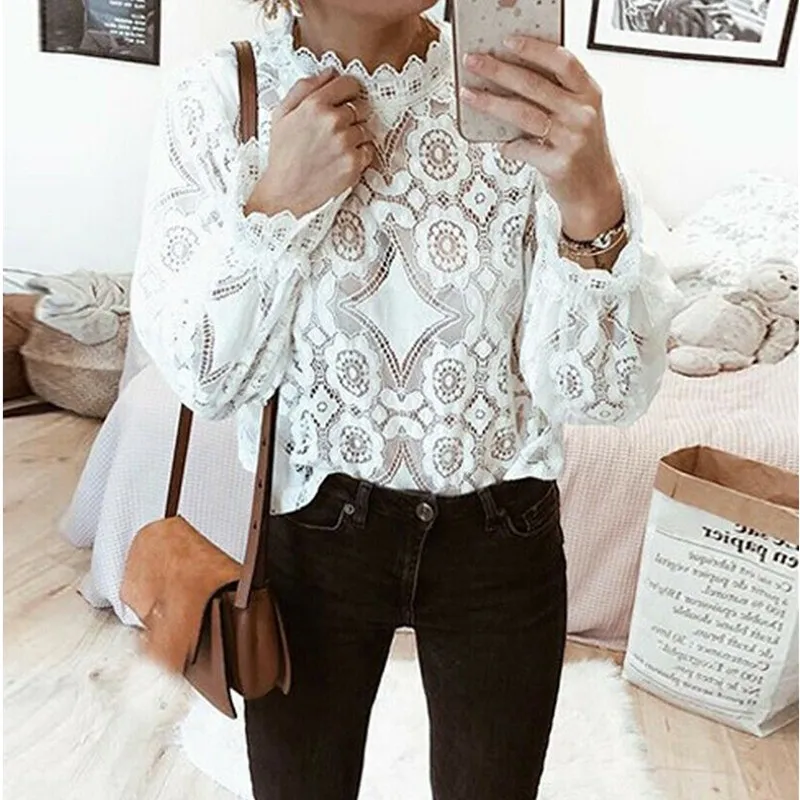 Женская кружевная Полупрозрачная рубашка белая с длинным рукавом топ чистого