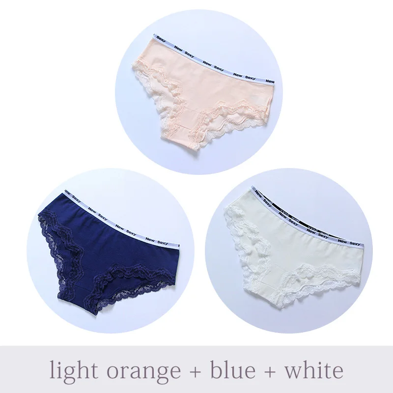 OrangeNavyBlueWhite Женские хлопковые бесшовные пикантные трусики женское нижнее белье дышащие трусики кружевные трусы нижнее белье для девочек мягкое шелковое бикини DULASI 3 шт - Цвет: OrangeNavyBlueWhite