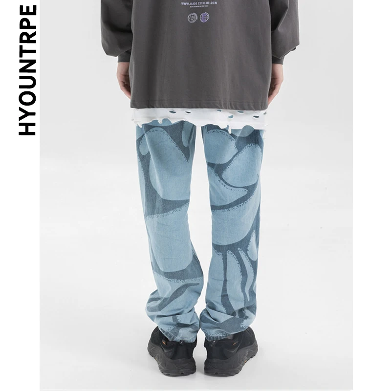 Irregular Geometric Printed Denim Jeans Men Elastic Waist Drewstring Straight Pant Hip Hop Streetwear Autumn Winter Pants Jogger | Мужская