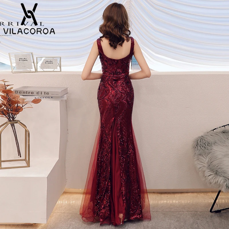 Банкетное Макси-платье с блестками цвета красного вина для невесты, Vestidos, с v-образным вырезом, без рукавов, без бретелек, в стиле ампир, с разрезом, Сетчатое, вечерние платья для женщин Lange Jurken
