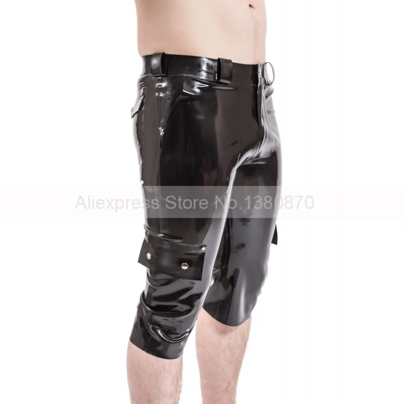 

Black Latex Men Cropped Trousers Tight Rubber Capri Pants With Pockets S-LTM107