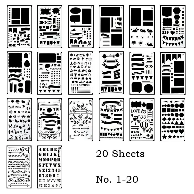 20 Sheets Трафаретов со стрелками Пластик планировщик Набор для журнальных/Тетрадь/дневник/блокнот ручной работы шаблон чертежа «сделай сам» журнал Трафареты - Цвет: 20 Sheets