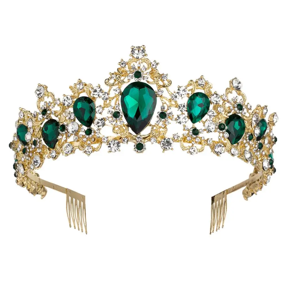 Gold Green KMVEXO Роскошная красочная Свадебная Корона-Тиара с кристаллами новые свадебные Стразы диадема пышные короны невесты с гребнями - Окраска металла: Gold Green
