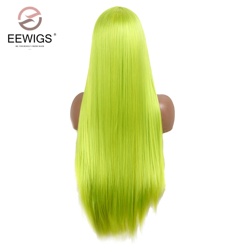 EEWIGS 2" длинные прямые волосы парики Glueless высокая температура неоновый зеленый синтетические парики на кружеве для черных женщин Drag queen
