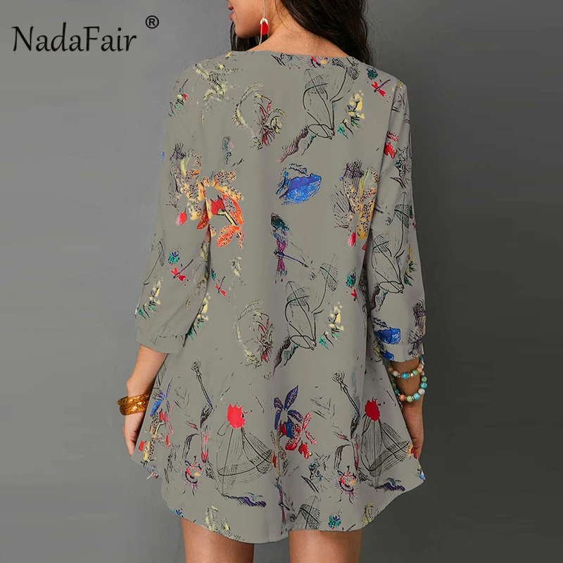 Nadafair Chinese Style Loose Print Three Quarter Blouses Women 2018 Autumn Fashion Casual Holiday Sexy V Neck Button Tops |