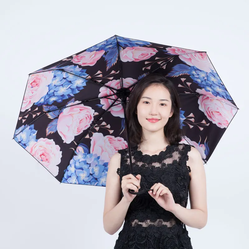 black flowers Kocotree Женский Зонт ветрозащитный Сверхлегкий солнечный и дождливый Автоматический складной зонтик Леди зонтик цветок зонтик подарок - Цвет: black flowers