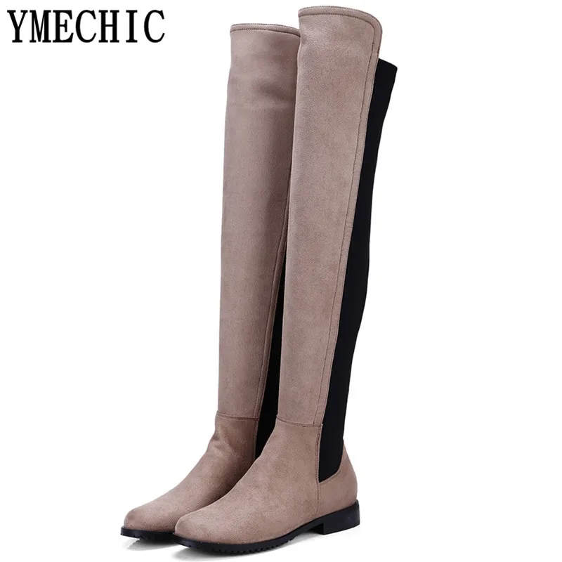 YMECHIC/модные черные женские ботфорты из флока на низком толстом каблуке большие