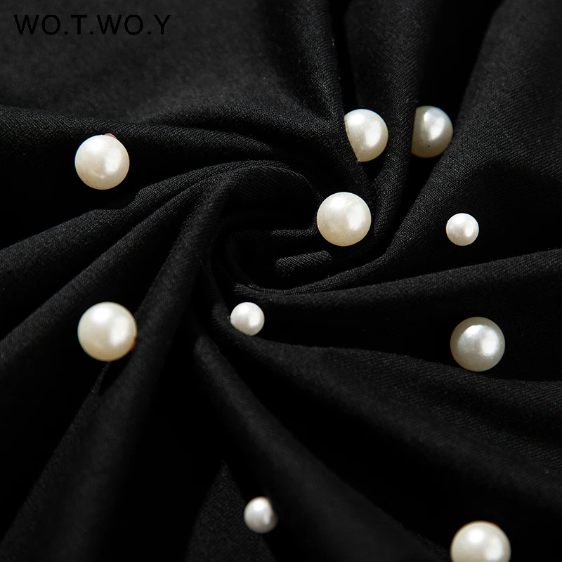 WOTWOY летняя новая футболка с жемчугом и бисером, женские хлопковые Свободные повседневные топы, женские футболки с коротким рукавом и круглым вырезом, черные футболки высокого качества