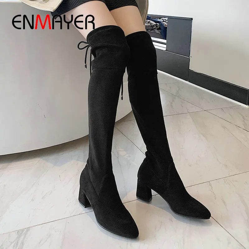 

ENMAYER 2019 Faux Suede Slim Boots Faux Suede Over-the-Knee Round Toe Winter Boots Women Hoof Heels Women Boots Size 34-39
