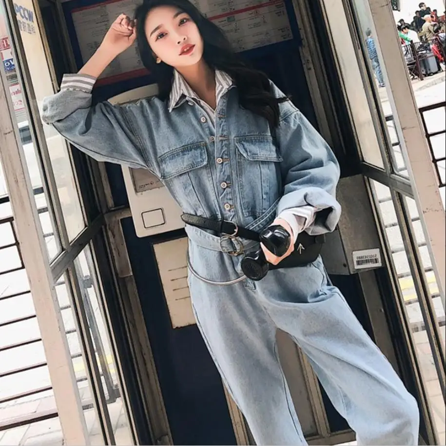 Женские джинсовые комбинезоны на шнуровке туника с высокой талией и длинными