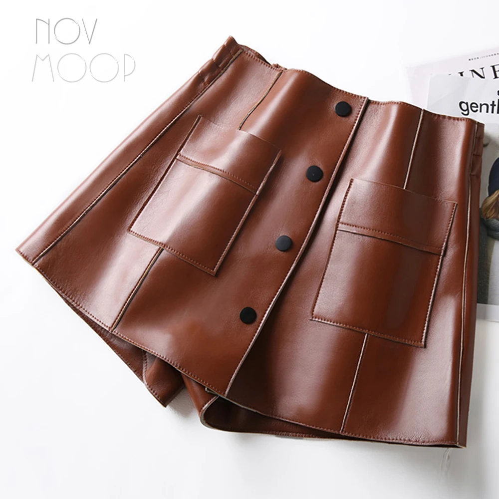 2019 autumn culottes elastic waist genuine leather skirt with button and pocket decor gonna in vera pelle LT2781