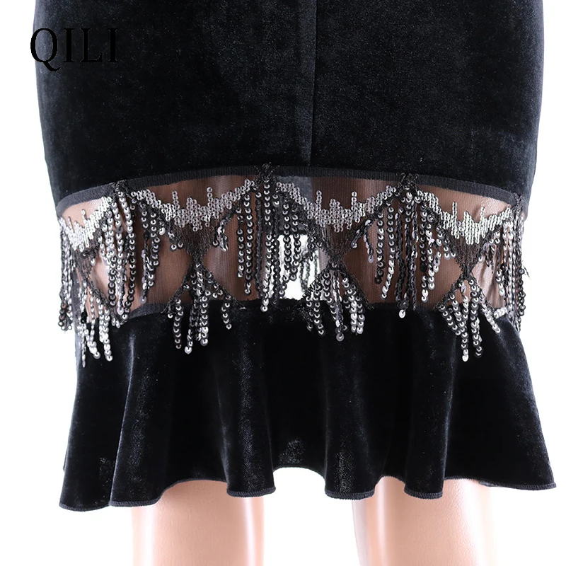 QILI Tassel Sequin Dress Elegant Lady Plaid Mesh Patchwork Ruffles Bodycon Dresses Half Sleeve O Neck Office | Женская одежда
